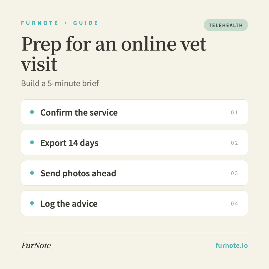 How to Prep for an Online Vet Visit: Build a 5-Minute Brief in FurNote